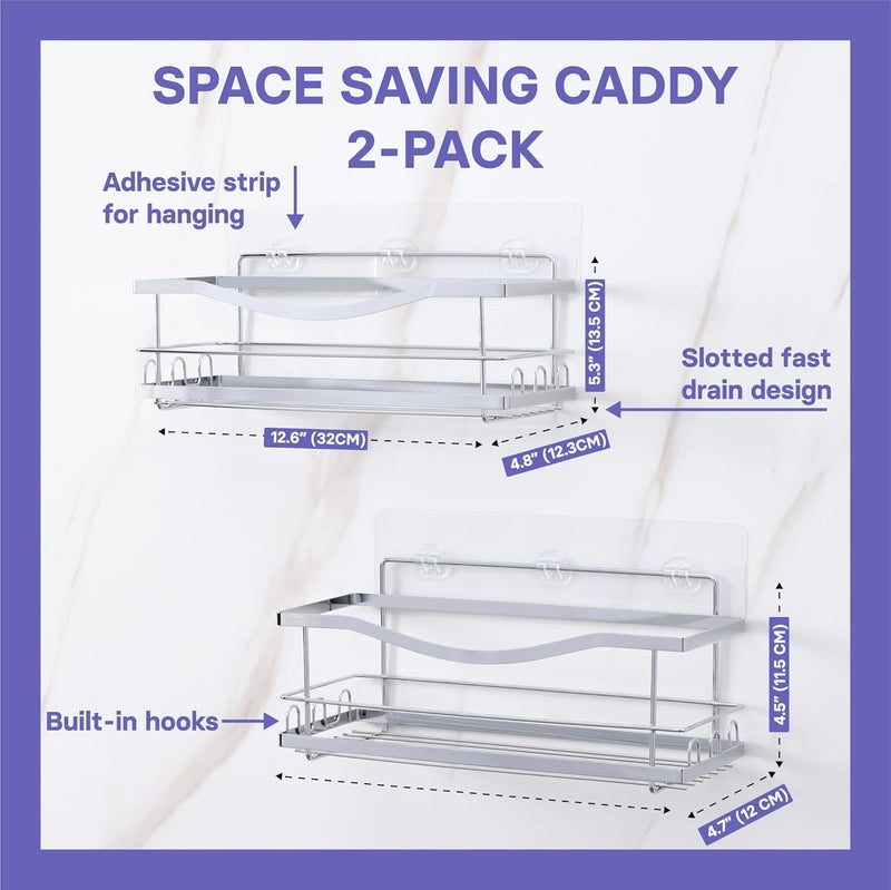 KINCMAX Iron Shower Caddies - Self Adhesive Bathroom Shelves for Showers - Wall Organizer Shampoo Holder Shelf - Peel and Stick On Caddy Bath Tub Rack - Pack of 2 Holders - Silver - Image 2