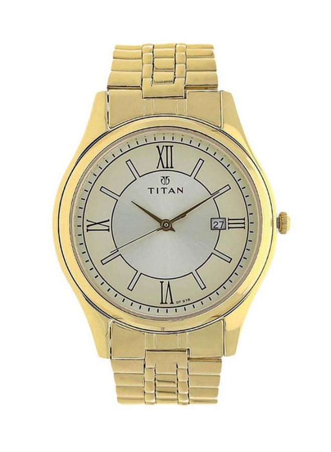 TITAN ساعة تيتان كاريشما التناظرية بقرص شامبانيا دائري بحزام من الفولاذ المقاوم للصدأ الذهبي للرجال-1713YM03 - Image 1