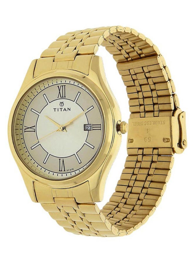 TITAN ساعة تيتان كاريشما التناظرية بقرص شامبانيا دائري بحزام من الفولاذ المقاوم للصدأ الذهبي للرجال-1713YM03 - Image 2