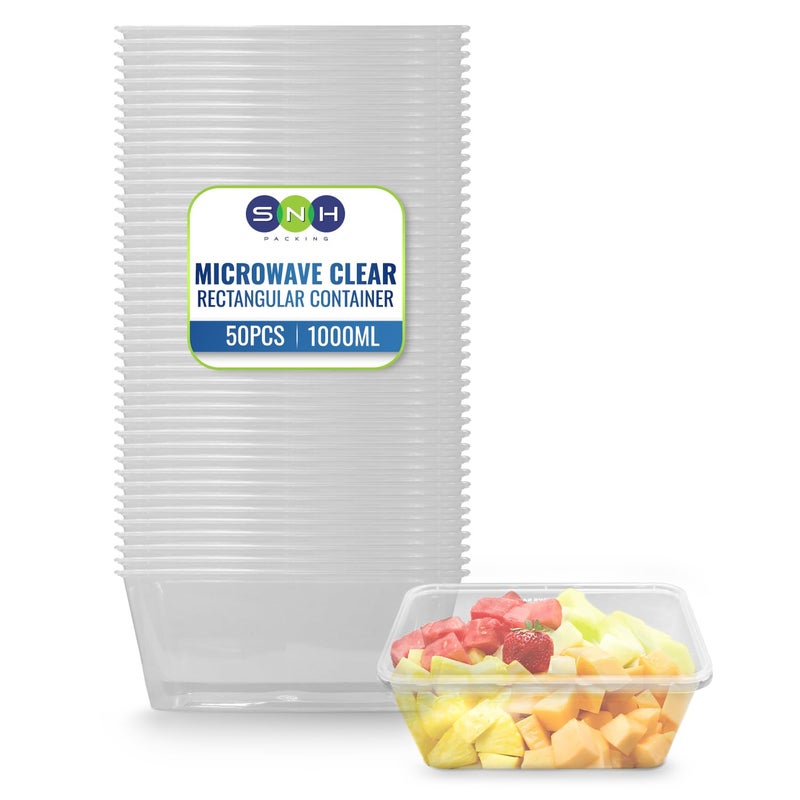 إس إن إتش التعبئة 50 عبوة مستطيلة شفافة 1000 مل حاويات طعام آمنة بالميكروويف مع أغطية علب بلاستيكية شفافة لإعداد الوجبات وتخزين الطعام حاويات غداء ووجبات جاهزة قابلة لإعادة الاستخدام