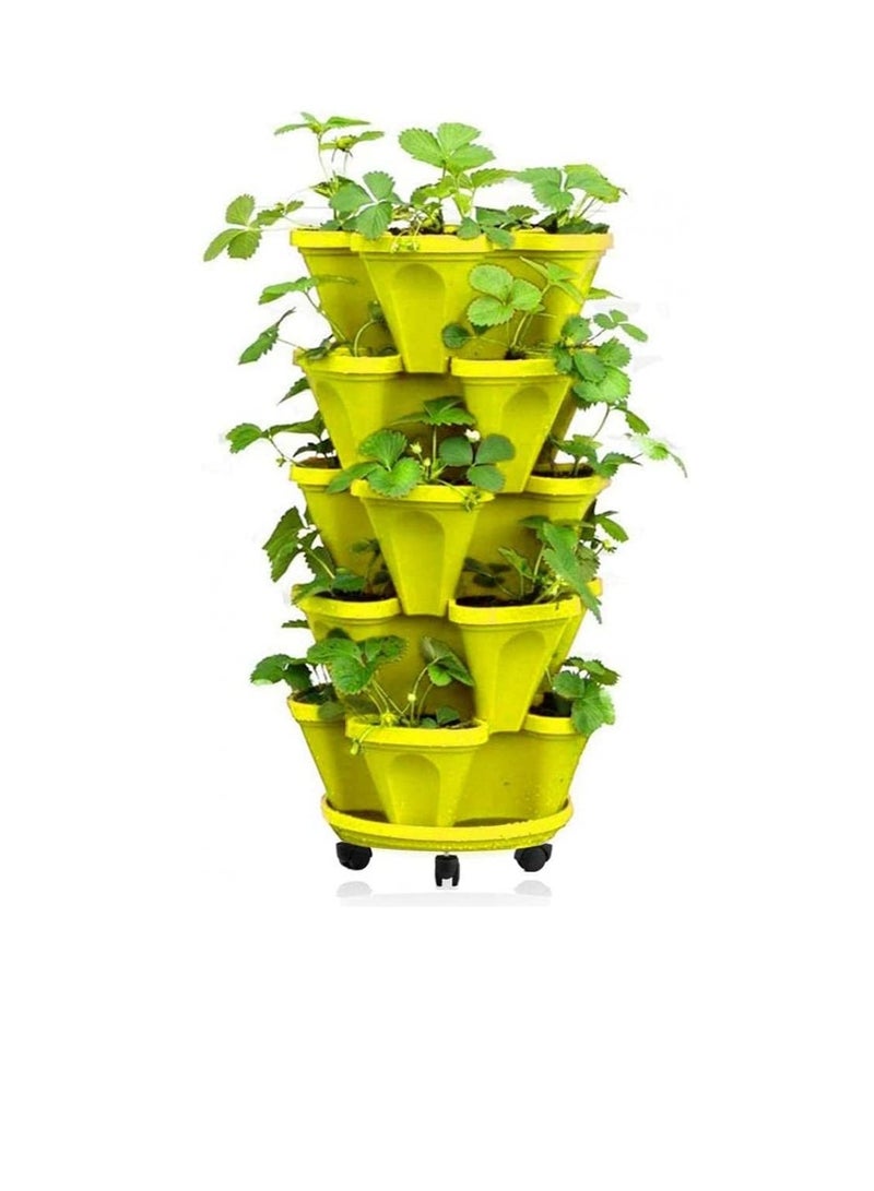 زارع فراولة قابل للتكديس من 5 طبقات ، برج وعاء نباتات ، مجموعة من البلاستيك العمودي مع صينية لفراش زهور الأعشاب داخليًا وشرفة الحديقة (أصفر) - Image 2