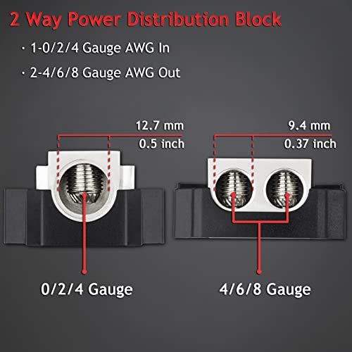 Hamolar 4 Pack 2 Way Power Distribution Block, 0/2/4 Gauge in / 4/8 Gauge Out Amp Power Distribution Ground Distributor Connecting Block for Car Audio Amplifier Splitter - Image 2
