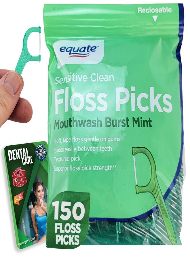 Healthy Surplus Equate Mint Flossers 2 Packages of 75 (150 Total Flossers and Vital Volumes Dental Tips Card Bundle - Image 1