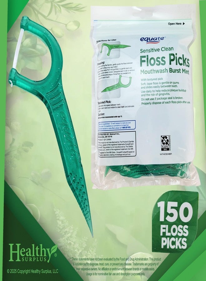 Healthy Surplus Equate Mint Flossers 2 Packages of 75 (150 Total Flossers and Vital Volumes Dental Tips Card Bundle - Image 2