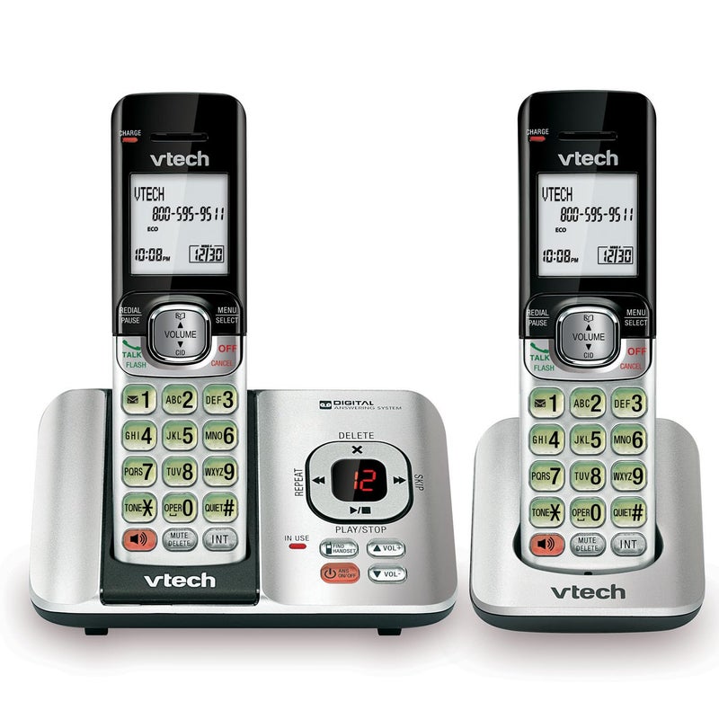 VTech CS6529-2 2-Handset Cordless Phone with Answering Machine, Caller ID/Call Waiting, DECT 6.0, Handset Speakerphone, Silver/Black - Image 1