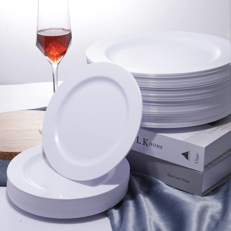 KIRE 120PCS White Plastic Plates - Heavy Duty White Disposable Plates for Party/Wedding - Include 60Pieces 10.25inch White Dinner Plates - 60Pieces 7.5inch White Dessert/Salad Plates - Image 5