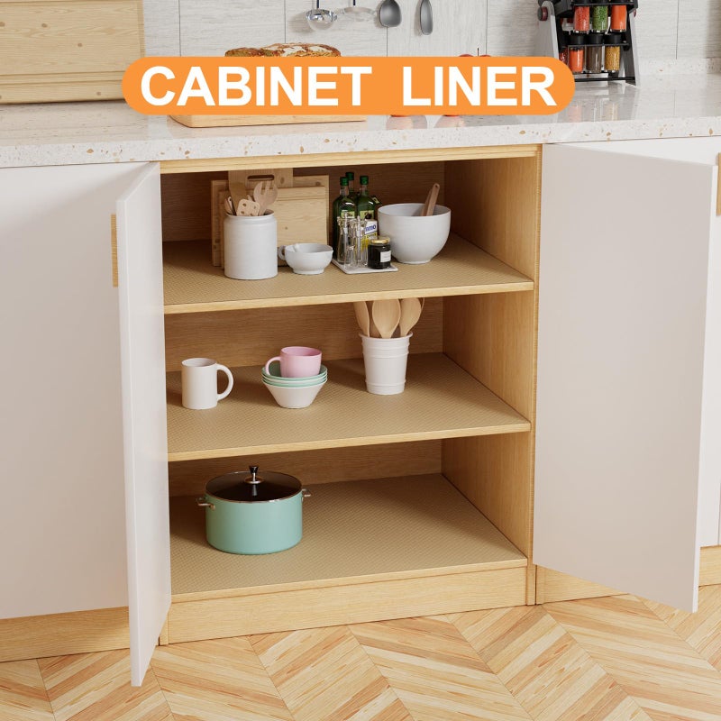 FLPMIX Shelf Liners for Kitchen Cabinets: 17.7" Wide Waterproof Non-Adhesive Drawer Liner - 17.7" x 96" Khaki Easy to Cut Cupboard Mat for Pantry Shelves - Image 2