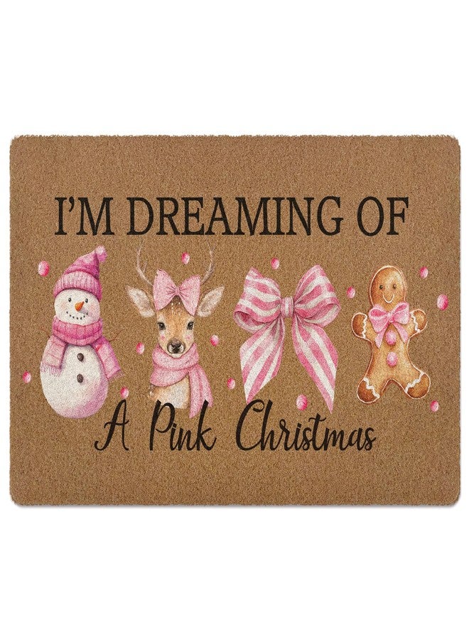 XLDLIOO Pink Christmas Door Mat, Winter Xmas Snowman Deer Gingerbread Welcome Front Door Mat Indoor Outdoor Entrance, Christmas Artificial Coir Doormats Rugs for Porch Entryway Decor 30x17in - Image 1