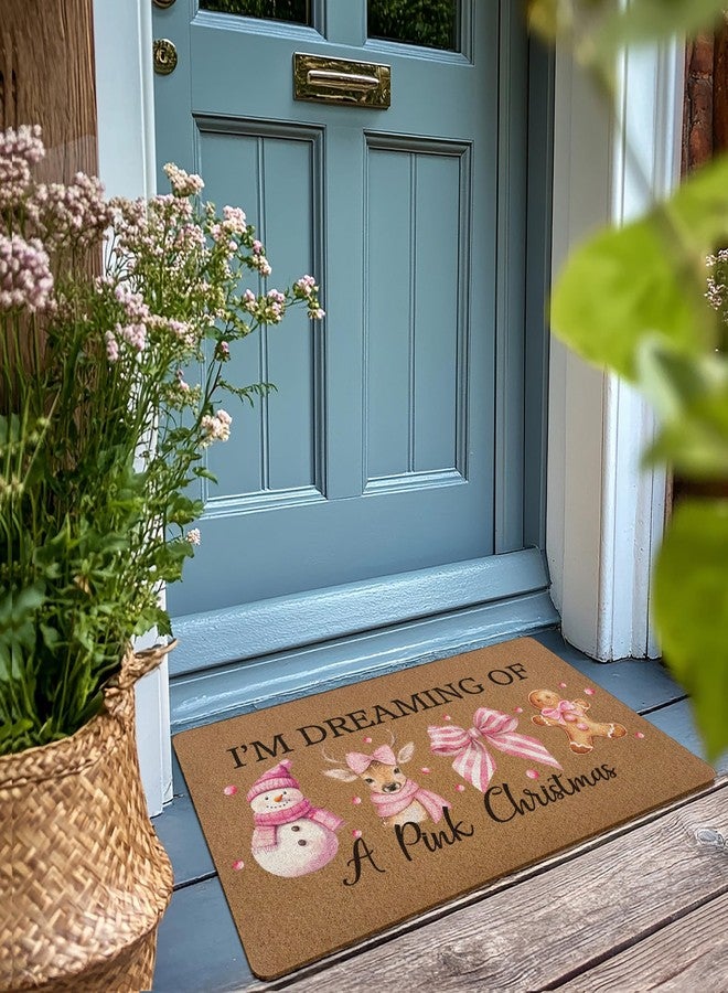 XLDLIOO Pink Christmas Door Mat, Winter Xmas Snowman Deer Gingerbread Welcome Front Door Mat Indoor Outdoor Entrance, Christmas Artificial Coir Doormats Rugs for Porch Entryway Decor 30x17in - Image 2