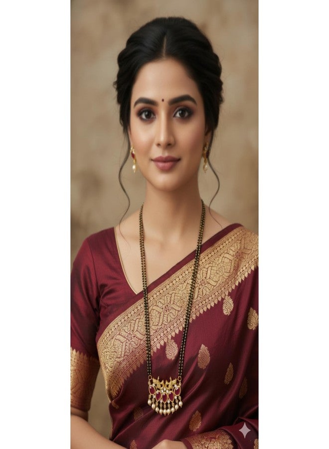 طقم مانجالسوترا وأقراط من AAIKU التقليدية المهاراشتريّة، يتألف من قلادة تاناماني بخمسة أحجار | مالا سادة للنساء، الخيار الأمثل كهدية (أحمر - 33، 30 بوصة - خطان) - Image 2