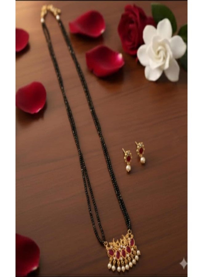 طقم مانجالسوترا وأقراط من AAIKU التقليدية المهاراشتريّة، يتألف من قلادة تاناماني بخمسة أحجار | مالا سادة للنساء، الخيار الأمثل كهدية (أحمر - 33، 30 بوصة - خطان) - Image 4