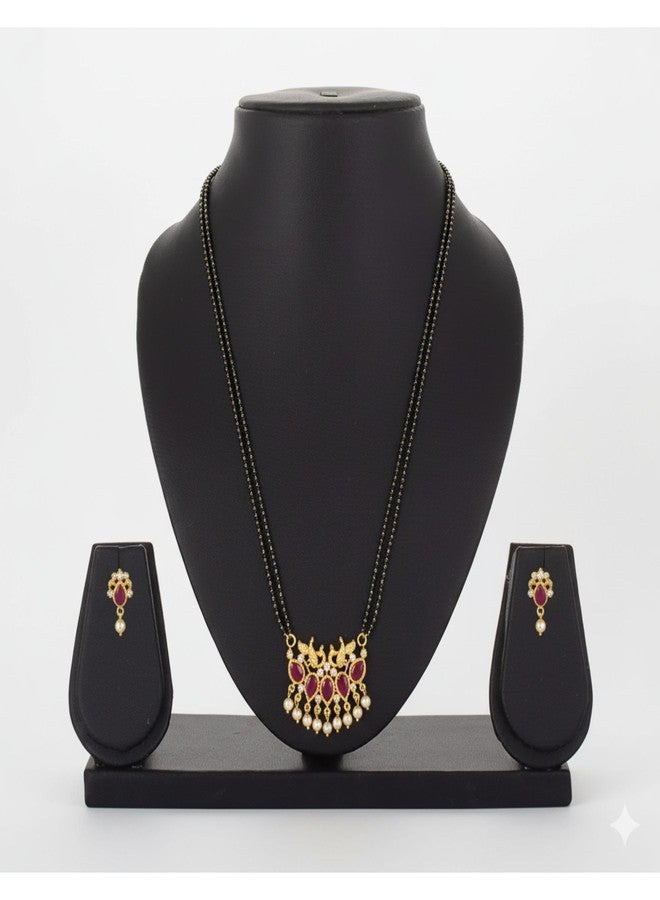 طقم مانجالسوترا وأقراط من AAIKU التقليدية المهاراشتريّة، يتألف من قلادة تاناماني بخمسة أحجار | مالا سادة للنساء، الخيار الأمثل كهدية (أحمر - 33، 30 بوصة - خطان) - Image 5