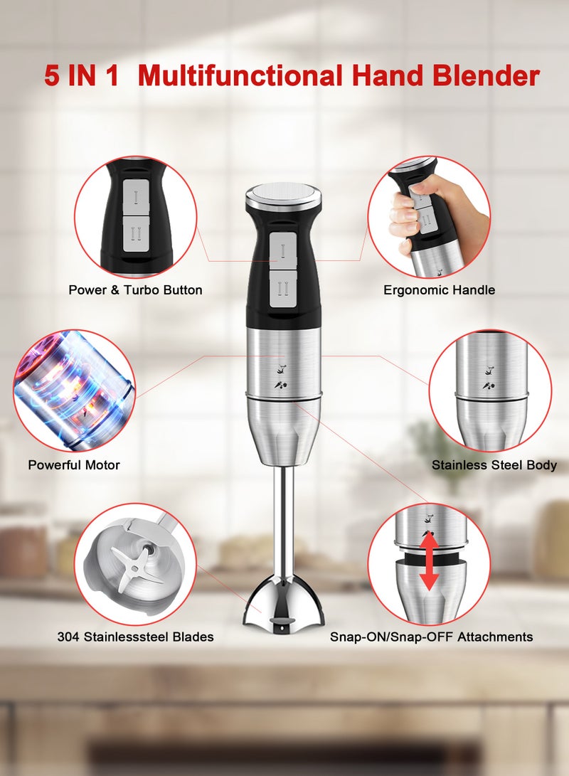 Xkimos 5-in-1 Electric Hand Blender,Hand Mixer Blender, 2 Speeds, 600ml Beaker, 500ml Chopping Bowl, Hand Blender Machine,Chopper, Electric Whisk, Milk Frother, 800W, Black - Image 2