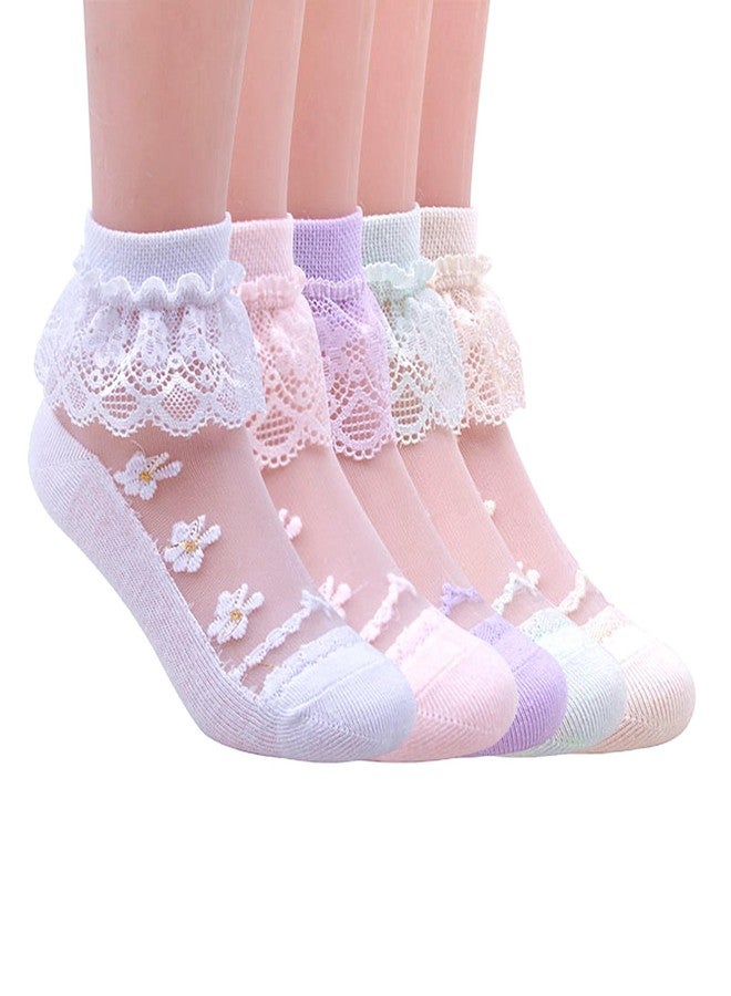 Hopply 5Pairs of Ruffle Pageant Frilly Socks for Toddler Girls Baby White Lace Ankle Dress Socks Summer Mesh Women Sock - Image 1