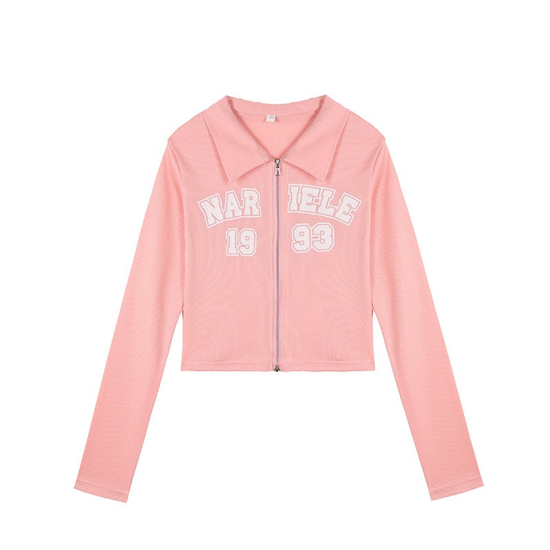Spring and Autumn American-style Waffled Polo Collar Letter Printed Zipper Cardigan Womens Design Sense Long-sleeved T-shirt Short Top Pink - Image 1