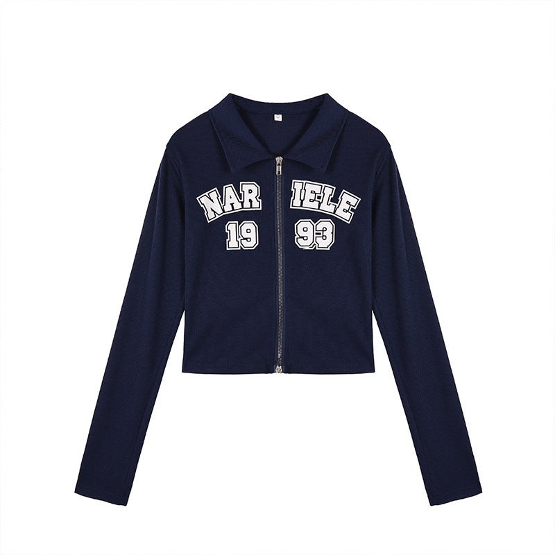 Spring and Autumn American-style Waffled Polo Collar Letter Printed Zipper Cardigan Womens Design Sense Long-sleeved T-shirt Short Top Pink - Image 2