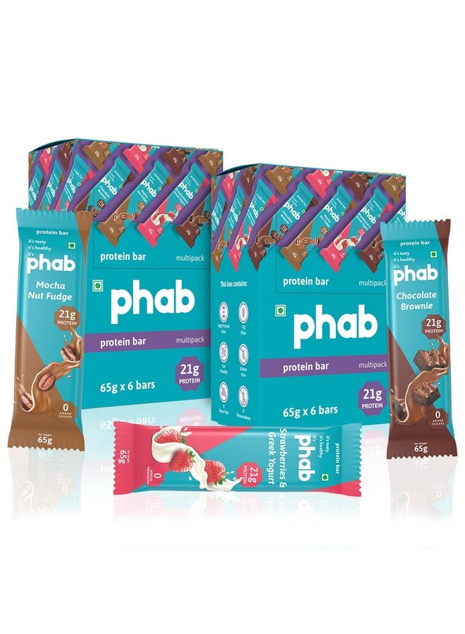 Phab Assorted Protein Bar with 21g Protein, 8g High Fibre & 0 Added Sugar 100% Vegetarian | Diabetic Friendly Healthy & Tasty Protein bars | Trans Fat-Free & No Preservatives Protein bars (Pack of 12 x 65g) - Image 1