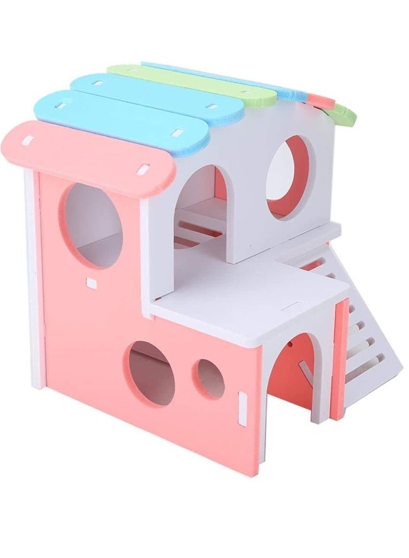 SOLARAE Wooden Hamster House, Hamster Hideout House with Stair Exercise Toys, Small Animal Pet Play House, Dual-layer Hamster Villa with Hamster Ladder(Pink) - Image 1