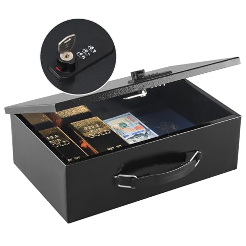 KYODOLED صندوق قفل مقاوم للحريق KYODOLED للمستندات، قفل مزدوج بالتركيبة وقفل مفتاح مع مقبض حمل، صندوق آمن معدني قوي لحفظ الأغراض الشخصية والمستندات، الأبعاد الخارجية 12.8" × 8.4" × 4.5"، أسود - Image 1