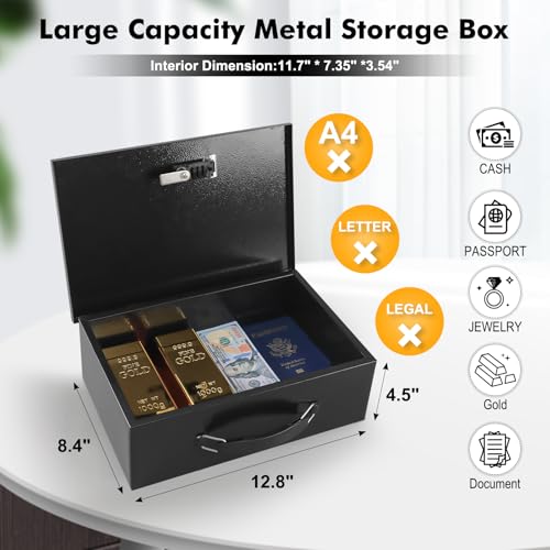 KYODOLED صندوق قفل مقاوم للحريق KYODOLED للمستندات، قفل مزدوج بالتركيبة وقفل مفتاح مع مقبض حمل، صندوق آمن معدني قوي لحفظ الأغراض الشخصية والمستندات، الأبعاد الخارجية 12.8" × 8.4" × 4.5"، أسود - Image 2