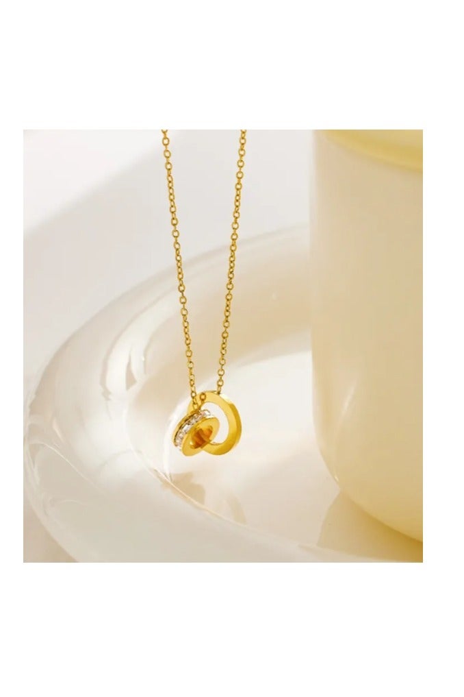 OASIS-TH Elegant Titanium Steel Necklace  Double Rings Diamond Pendant Necklace Hypoallergenic and Durable Jewelry for His Hers - Image 4
