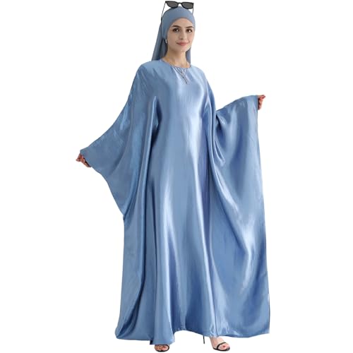 khalat Abaya Muslim Dress Women Satin Prayer Dress Batwing Long Sleeve Middle East Arabian Robe with Hijab Light Blue - Image 2