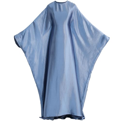 khalat Abaya Muslim Dress Women Satin Prayer Dress Batwing Long Sleeve Middle East Arabian Robe with Hijab Light Blue - Image 5