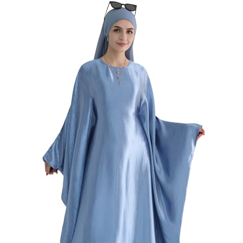 khalat Abaya Muslim Dress Women Satin Prayer Dress Batwing Long Sleeve Middle East Arabian Robe with Hijab Light Blue - Image 4