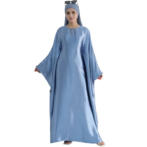 khalat Abaya Muslim Dress Women Satin Prayer Dress Batwing Long Sleeve Middle East Arabian Robe with Hijab Light Blue - Image 1