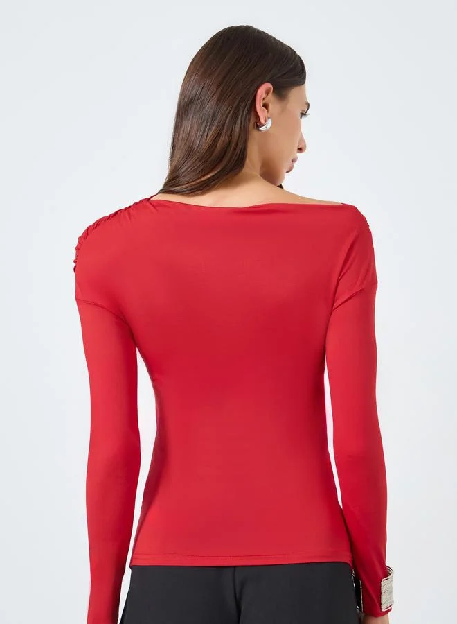 Take Two Solid Irregular Neck Long Sleeve One-Shoulder Top