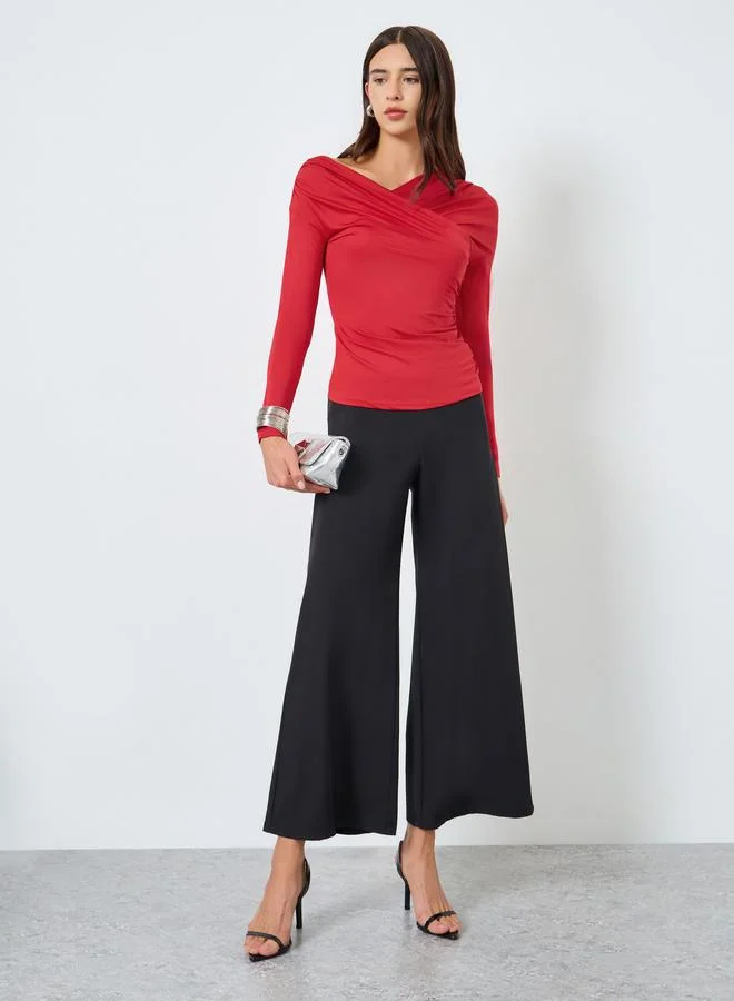 Take Two Solid Irregular Neck Long Sleeve One-Shoulder Top