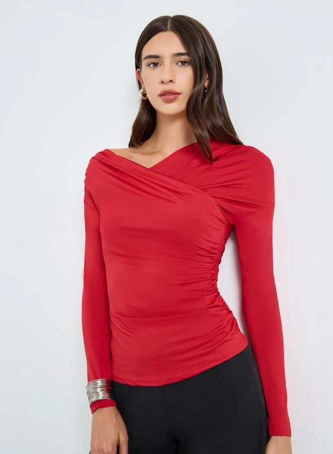 Take Two Solid Irregular Neck Long Sleeve One-Shoulder Top