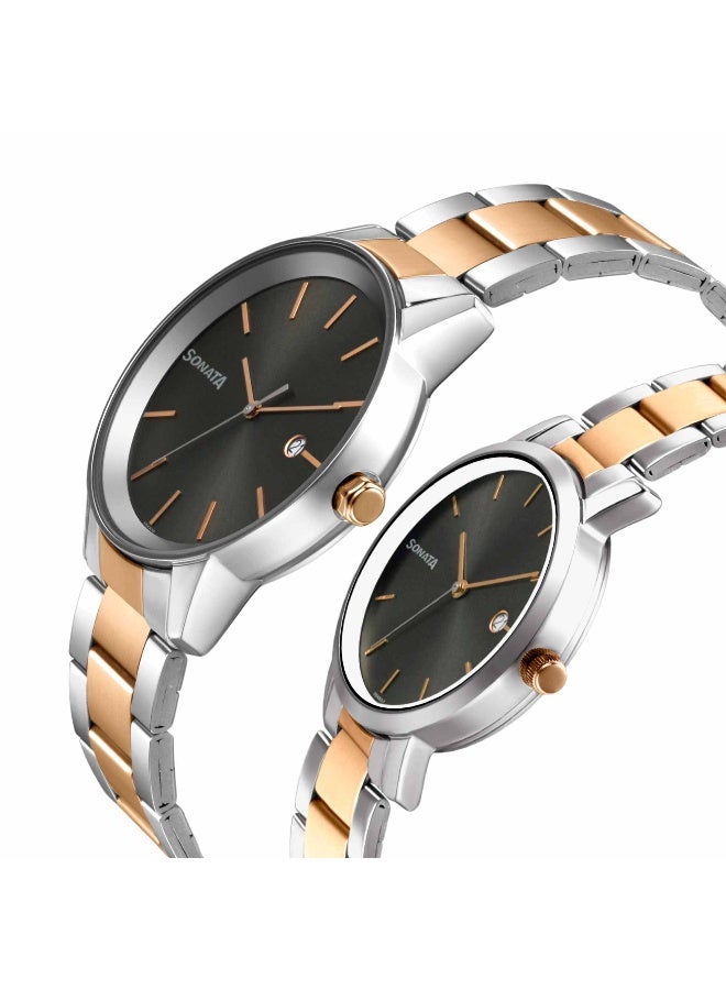 سوناتا Quartz Analog with Date Black Dial Metal Strap Watch for Couple - Image 3