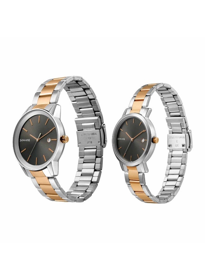 سوناتا Quartz Analog with Date Black Dial Metal Strap Watch for Couple - Image 2
