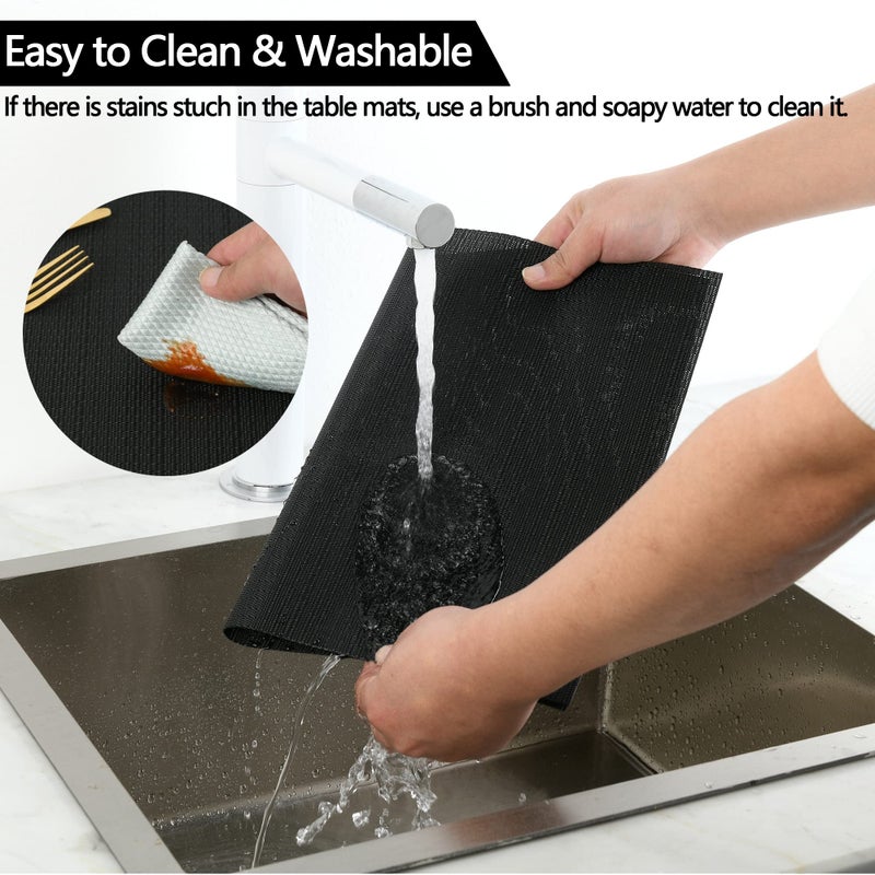 SLKQG SLKQG Black Placemats Set of 4 - Easy Clean Washable Vinyl Placemats - Wipeable Heat Proof Table Mats for Dining Table - 17x12 Inch (Pure Black  4)  - Image 2