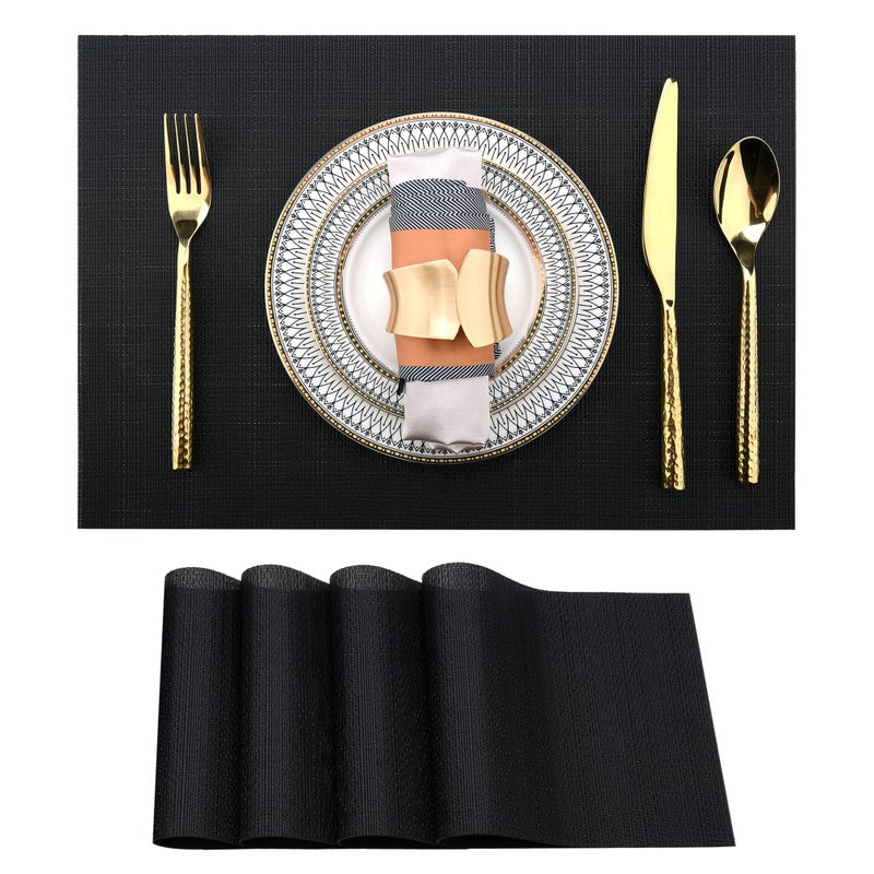 SLKQG SLKQG Black Placemats Set of 4 - Easy Clean Washable Vinyl Placemats - Wipeable Heat Proof Table Mats for Dining Table - 17x12 Inch (Pure Black  4)  - Image 1