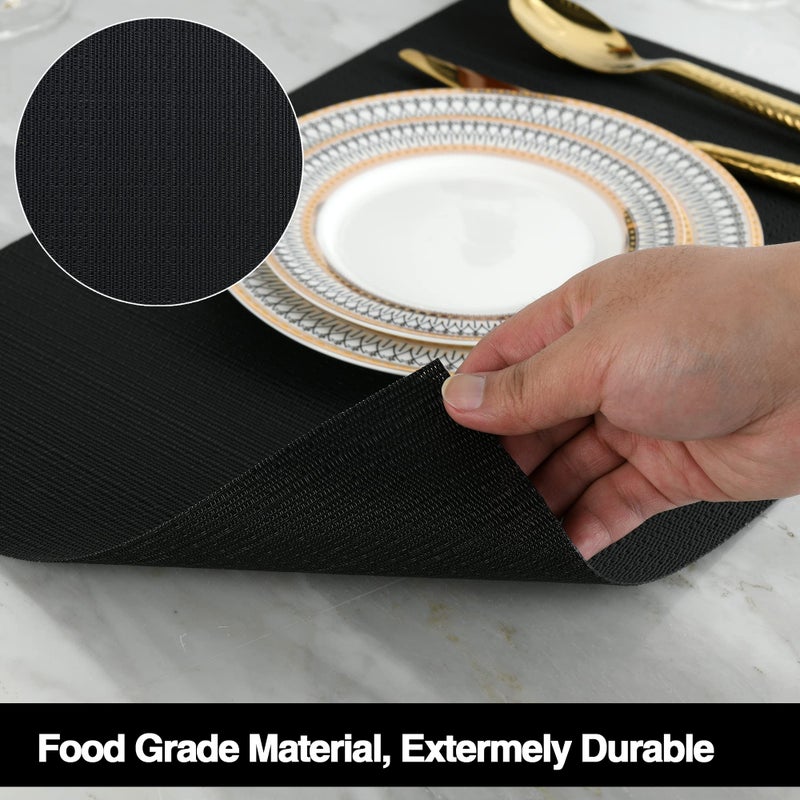 SLKQG SLKQG Black Placemats Set of 4 - Easy Clean Washable Vinyl Placemats - Wipeable Heat Proof Table Mats for Dining Table - 17x12 Inch (Pure Black  4)  - Image 4