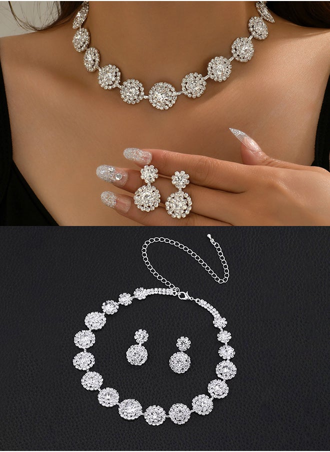 roaiss - 2 Piece Jewelry Set of Necklace and Earrings Shiny Round Diamond Chic Rhinestone Decor Jewellery Set for Women Ladies Gift for Girlfriend Wife Mother Bridesmaids Wedding Party Accessories - Image 1
