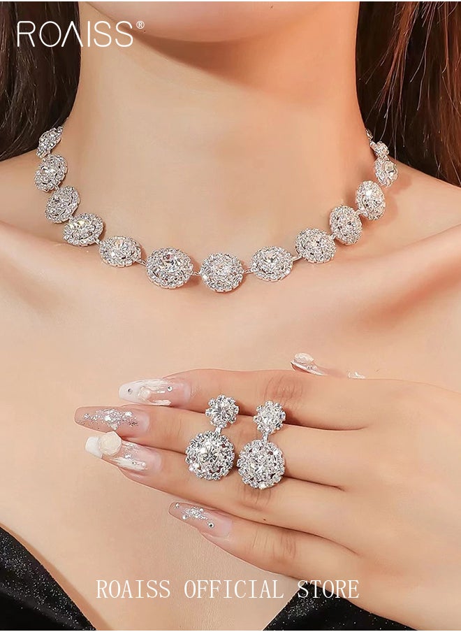 roaiss - 2 Piece Jewelry Set of Necklace and Earrings Shiny Round Diamond Chic Rhinestone Decor Jewellery Set for Women Ladies Gift for Girlfriend Wife Mother Bridesmaids Wedding Party Accessories - Image 1