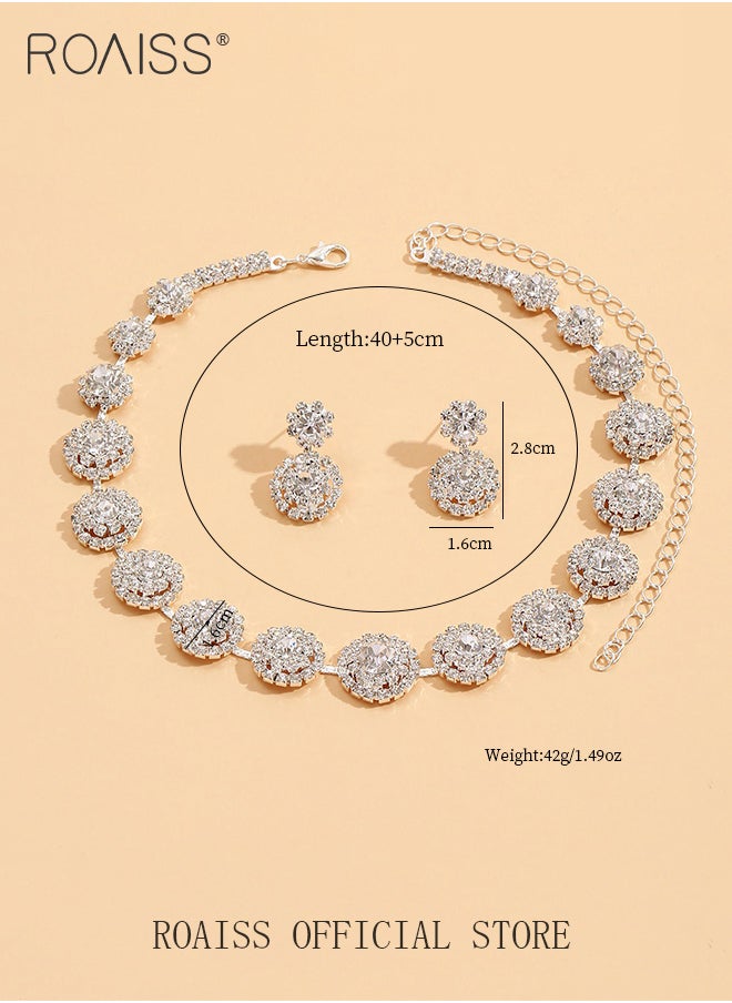 roaiss - 2 Piece Jewelry Set of Necklace and Earrings Shiny Round Diamond Chic Rhinestone Decor Jewellery Set for Women Ladies Gift for Girlfriend Wife Mother Bridesmaids Wedding Party Accessories - Image 1