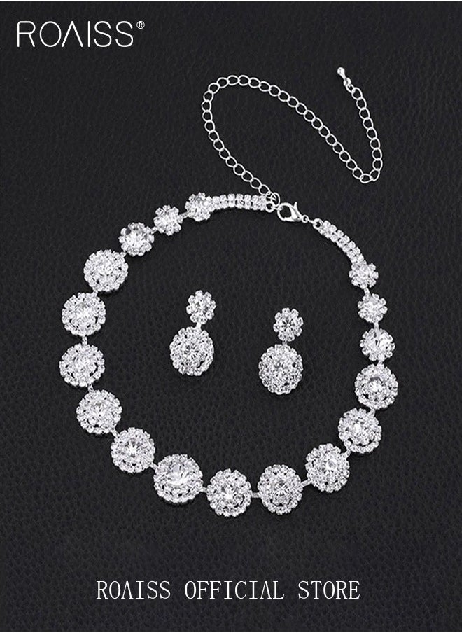 roaiss - 2 Piece Jewelry Set of Necklace and Earrings Shiny Round Diamond Chic Rhinestone Decor Jewellery Set for Women Ladies Gift for Girlfriend Wife Mother Bridesmaids Wedding Party Accessories - Image 1