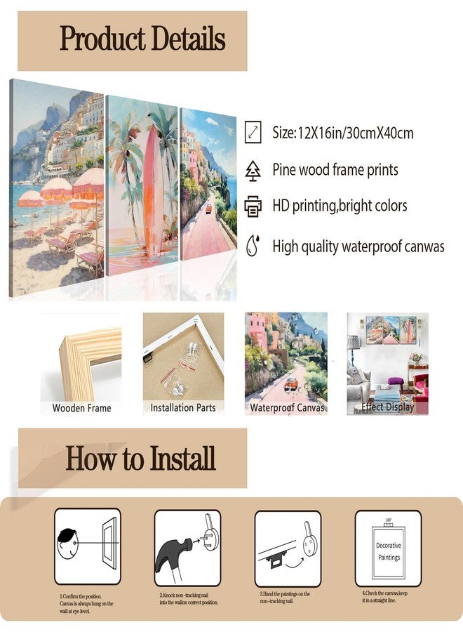 yulihaz Pink Beach Wall Art Set of 3, Preppy Coastal Wall Decor Paintings, Italy Amalfi Coast Poster Canvas Prints, Beachy Surf Pictures Aesthetic for Teen Girls Bedroom Living Room Dorm 12x16 inch Framed - Image 2