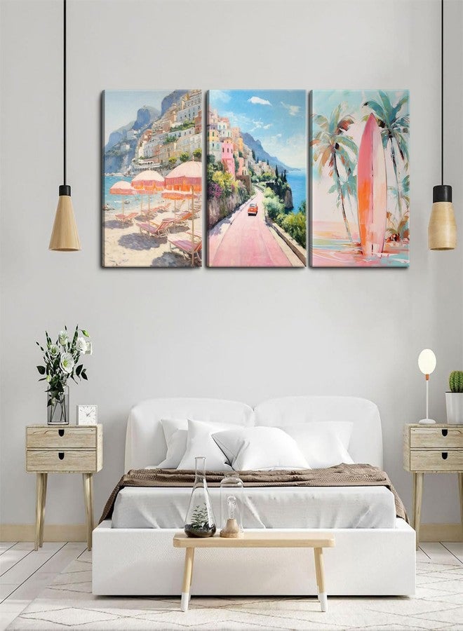 yulihaz Pink Beach Wall Art Set of 3, Preppy Coastal Wall Decor Paintings, Italy Amalfi Coast Poster Canvas Prints, Beachy Surf Pictures Aesthetic for Teen Girls Bedroom Living Room Dorm 12x16 inch Framed - Image 5