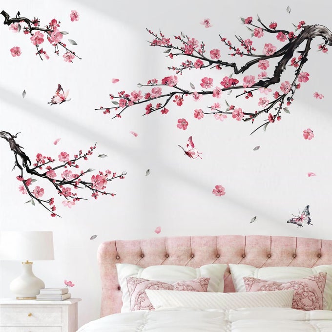 WATERCOLOR PINK FLOWER BRANCH WALL DECALS BLOSSOM TREE BRANCHES FLORAL WALL STICKERS LIVING ROOM BEDROOM SOFA TV BACKGROUND WALL DECOR
