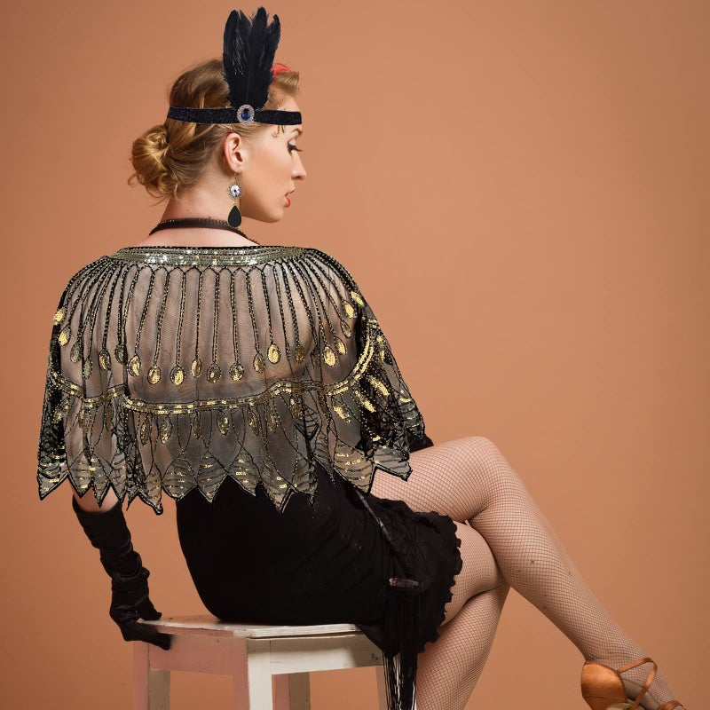 PLULON 8 Pcs 1920s Flapper Accessories Set for Women, Great Gatsby Dresses Sequin Shawl Wraps Roaring 20s Dresses for Party with Feather Headband - Image 4