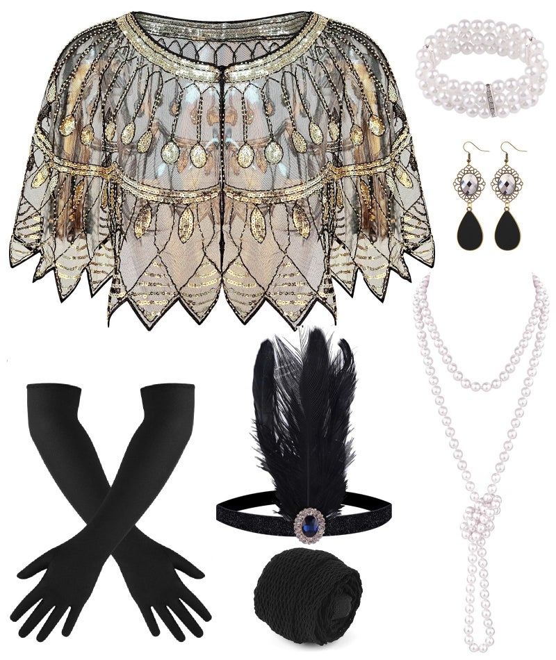 PLULON 8 Pcs 1920s Flapper Accessories Set for Women, Great Gatsby Dresses Sequin Shawl Wraps Roaring 20s Dresses for Party with Feather Headband - Image 1