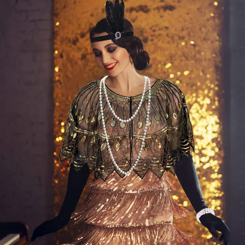PLULON 8 Pcs 1920s Flapper Accessories Set for Women, Great Gatsby Dresses Sequin Shawl Wraps Roaring 20s Dresses for Party with Feather Headband - Image 5
