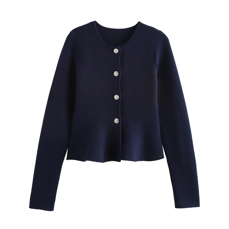 2024 winter new cross-border Europe and the United States long sleeve round neck button flat knit jacket cardigan coat wholesale Navy blue 