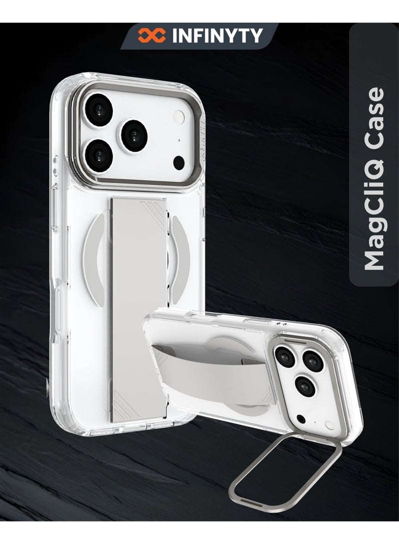 INFINYTY iPhone 17 Pro Max Clear Case with Soft Grey Grip & Metallic Camera Stand – Grypsta, Premium TPU+PC Build, Anti-Shock Corners, Metallic Buttons, MagSafe Compatible, Raised Camera and Screen Edges Anti-Yellowing Coating, Durable, Long-Lasting Clarity - Image 1