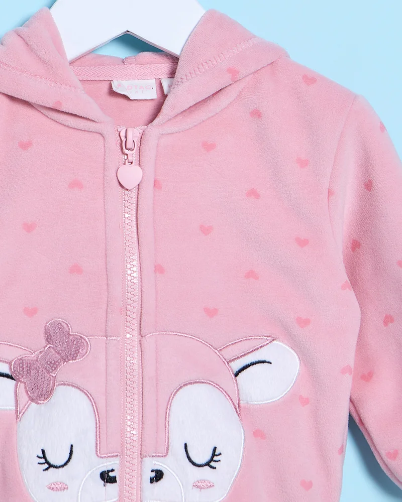 REDTAG Infant Girls Pink Hooded Embellished Sweatshirt